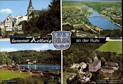 Ak Kettwig Essen im Ruhrgebiet, Kirchtreppe, Stausee, Ruhranlagen, Schloss Hugenpoet, Wappen
