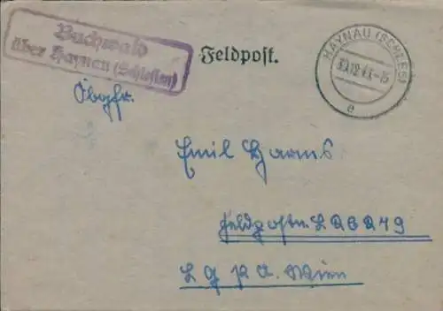 Landpoststempel Buchwald über Haynau (Schlesien), auf Feldpostbrief