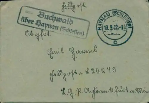 Landpoststempel Buchwald über Haynau (Schlesien), auf Feldpostbrief