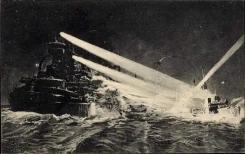 Künstler Ak Deutsche Kriegsschiffe, Nachtmanöver auf der Nordsee, Kaiserliche Marine