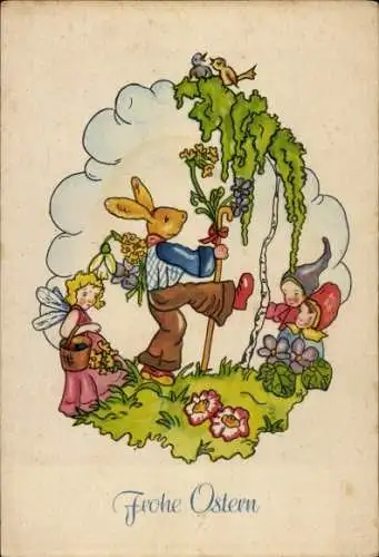 Ak Glückwunsch Ostern, Osterhase, Blumen, Kinder