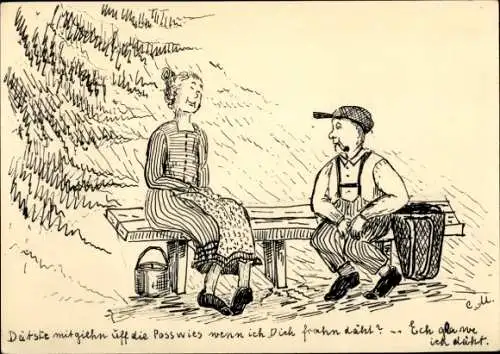 Künstler Ak Frau und Mann im Gespräch, Mann mit Pfeife, Korb, Sitzbank