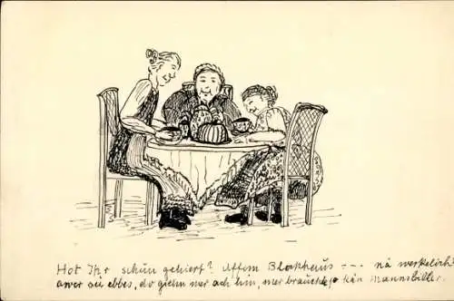 Künstler Ak Frauen am Tisch, Gespräch, Kuchen