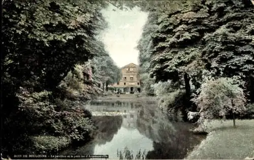 Ak Bois de Boulogne Hauts de Seine, le pavillon, petit lac