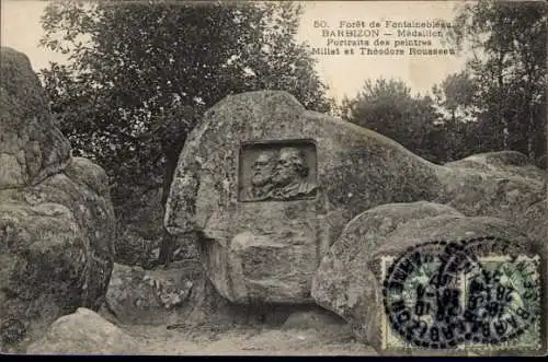 Ak Barbizon Seine et Marne, Foret de Fontainebleau, Medaillon Portraits de Millet et Rousseau