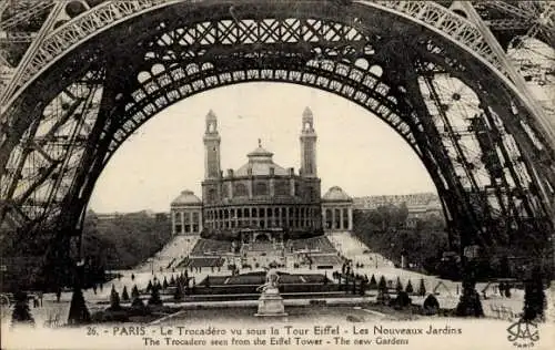 Ak Paris VII, La Tour Eiffel, Eiffelturm, Le Trocadero vu sous la Tour, Les Nouveaux Jardins