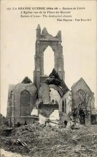 Ak Loos Nord, Ruines, l'Eglise vue de la Place du Marche, la Grande Guerre 1914-16