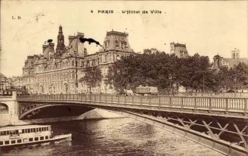 Ak Paris I Louvre, Rathaus, Brücke, Ausflugsboot