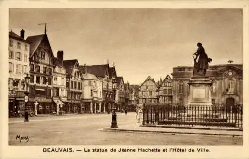 Ak Beauvais Oise, Generalblick auf die Statue von Jeanne Hachette, Hôtel de Ville