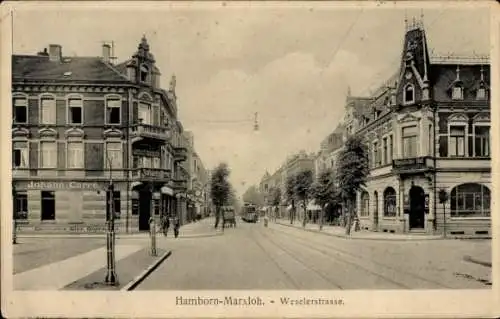 Ak Hamborn Marxloh Duisburg am Rhein, Weselerstraße, Johann Carre, Straßenbahn