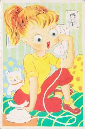 Wackelaugen Ak Mädchen beim Telefonieren, Katze