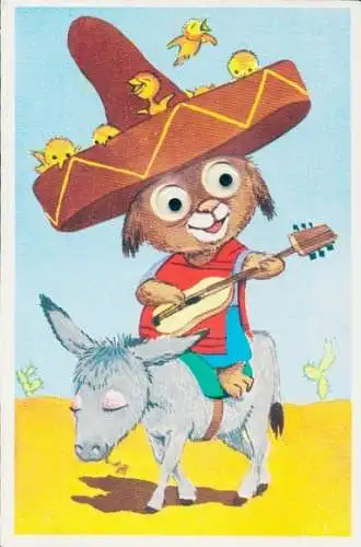 Wackelaugen Ak Mexikaner auf einem Esel, Gitarre, Wackelaugen