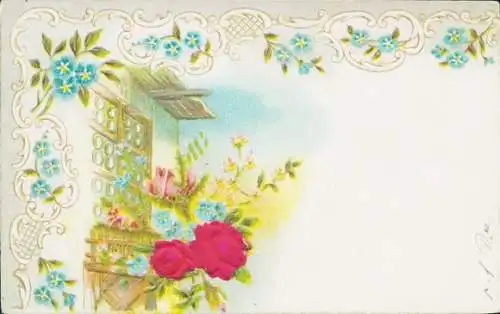 Präge Stoff Litho Blumenstrauß, Rosen, Vergissmeinnicht, Kitsch