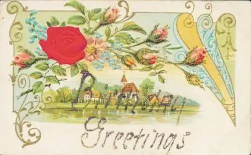 Präge Stoff Litho Glückwunsch Geburtstag, Blumen, Rosen, Knospen