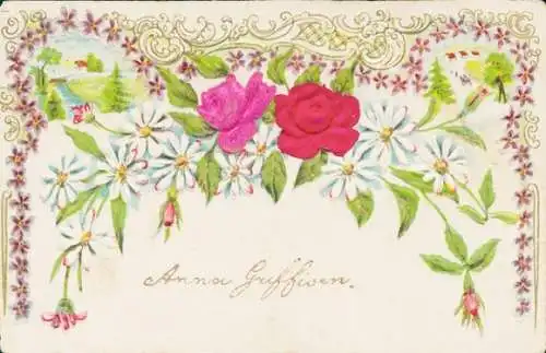 Präge Stoff Litho Kitsch, Blumen, Rosen