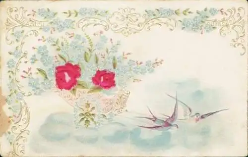 Präge Stoff Litho Kitsch, Schwalben, Karren, Vergissmeinnicht