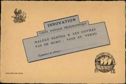 Ak Innovation, Telegrafische Postkarte, Magre Bertha & Les Gothas, Pas de Bobo