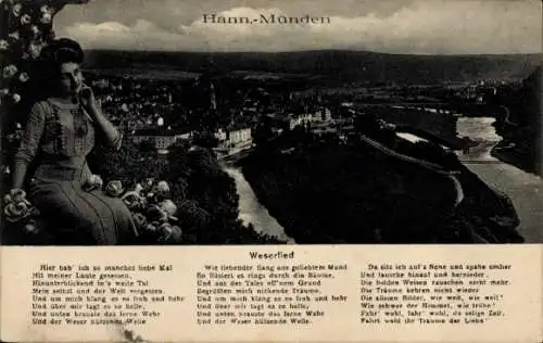 Ak Hann. Münden in Niedersachsen, Panorama, Frau, Weserlied
