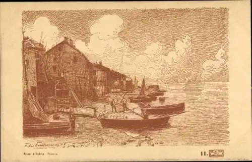 Künstler Ak Ortsansicht, Boote am Ufer