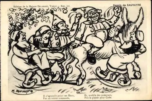 Künstler Ak Sauvayre, Yvetot Seine Maritime, Sage, König reitet auf einem Esel