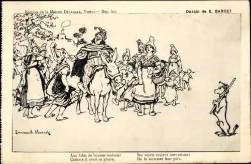 Künstler Ak Barcet, Yvetot Seine Maritime, König reitet auf einem Esel