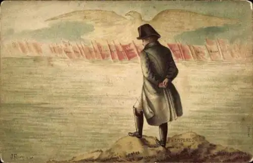 Künstler Ak Fourquier,Napoleon Bonaparte, Adler, Fahnen mit Schlachten, Austerlitz, Wagram, Waterloo