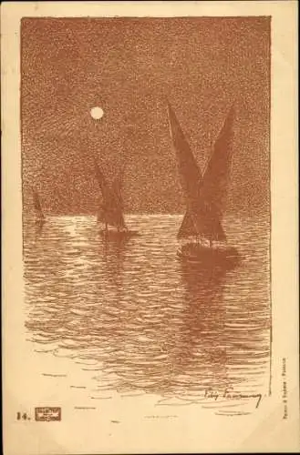 Künstler Ak Segelboote im Mondschein, Fischerboote