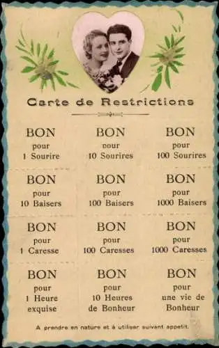 Ak Carte de Restrictions, Bon pour 1 Sourire, Bon pour 100 Baisers, Bon pour une vie de Bonheur