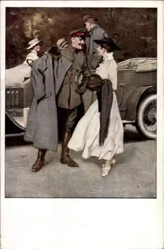 Künstler Ak Wennerberg, Bruno, Am Flugplatz, Soldaten, Junge Frauen, Auto