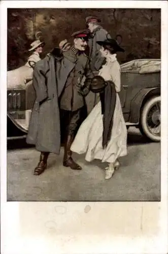 Künstler Ak Wennerberg, Bruno, Am Flugplatz, Soldaten, Junge Frauen, Auto