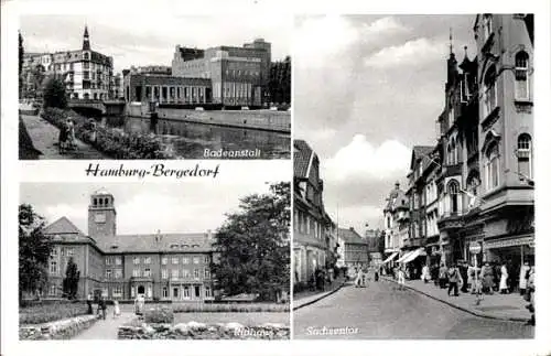 Ak Hamburg Bergedorf, Badeanstalt, Rathaus, Sachsentor