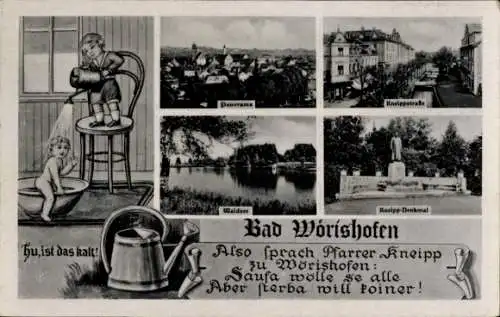 Ak Bad Wörishofen im Unterallgäu, Stadtpanorama, Kneippstraße, Kneipp-Denkmal