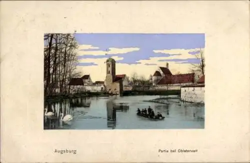 Ak Augsburg in Schwaben, Oblaterwall, Kirche, Gondel, Schwäne