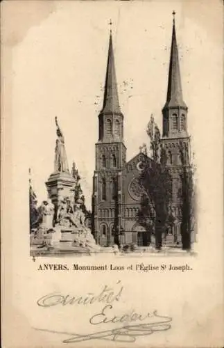 Ak Antwerpen Antwerpen Flandern, Loos-Denkmal, St. Joseph-Kirche