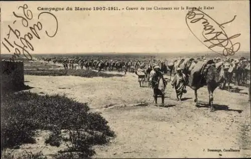 Ak Rabat Marokko, Feldzug in Marokko 1907-1911, Konvoi von 500 Kamelen im Lager Rouge de Rabat