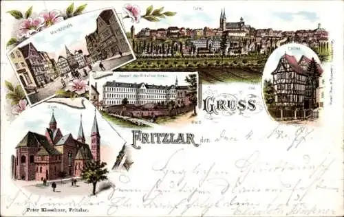 Litho Fritzlar in Hessen, Kasino, Dom, Kloster, Marktplatz, Totalansicht