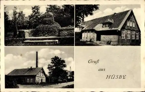 Ak Hüsby in Schleswig Holstein, Kriegerdenkmal, Gemischtwarenhandlung Hermann Schlüter