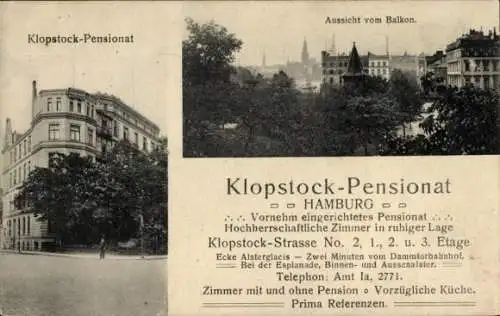 Ak Hamburg Eimsbüttel Rotherbaum, Klopstock-Pensionat, Klopstock-Str. 2 Ecke Alsterglacis