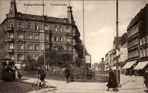 Ak Hamburg Altona Ottensen, Friedenseiche, Straßenbahn