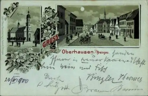 Mondschein Litho Oberhausen Rheinhausen im Breisgau, Kirche, Straßenpartie