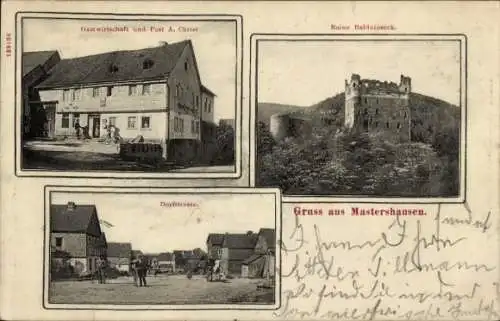 Ak Mastershausen im Hunsrück, Gastwirtschaft, Post, Ruine Balduinseck, Dorfstraße