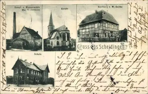 Ak Scheidingen Welver in Westfalen, Gasthaus, Dampfmühle, Kirche, Schule