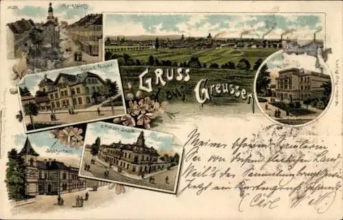 Litho Greußen Thüringen, Gasthof, Schule, Schützenhaus, Gasthaus z. Prinzen Leopold