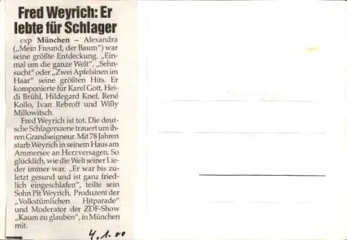 Ak Schauspieler Fred Weyrich, Telefunken Platten, Autogramm