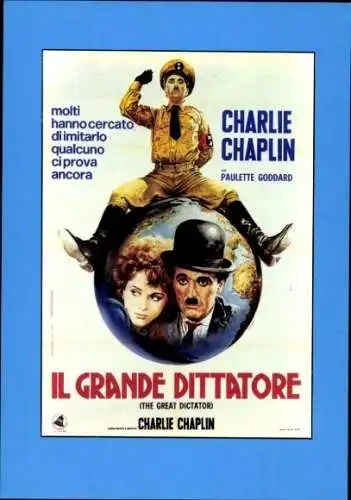 Ak Schauspieler Charlie Chaplin, Schauspielerin Paulette Goddard, Filmplakat Il Grande Dittatore