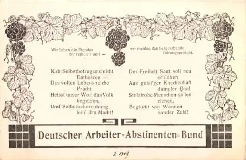 Gedicht Ak Deutscher Arbeiter-Abstinenten-Bund, wir meiden das berauschende Gärungsprodukt