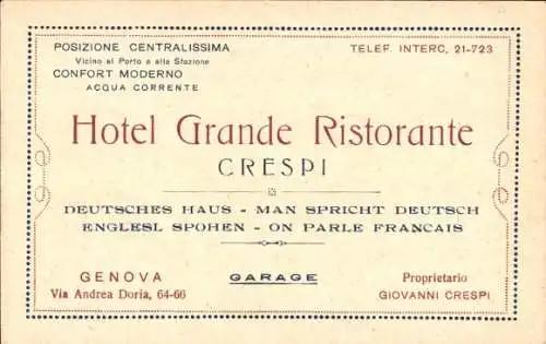 Ak Genova Genua Liguria, Hotel Grande Ristorante Giovanni Crespi