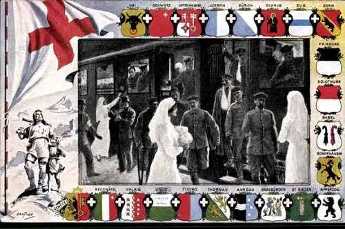 Wappen Ak Verwundete deutsche Soldaten auf der Fahrt durch die Schweiz, Krankenschwestern