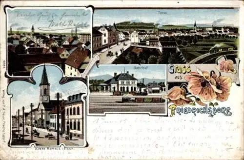 Litho Friedrichsdorf im Taunus, Gesamtansicht, Bahnhof, Kirche, Rathaus, Post