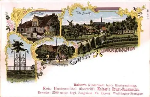 Litho Hohenkirchen Wangerland Friesland, Hotel zur Post, Bismarck-Eiche, Totalansicht, Gasthaus